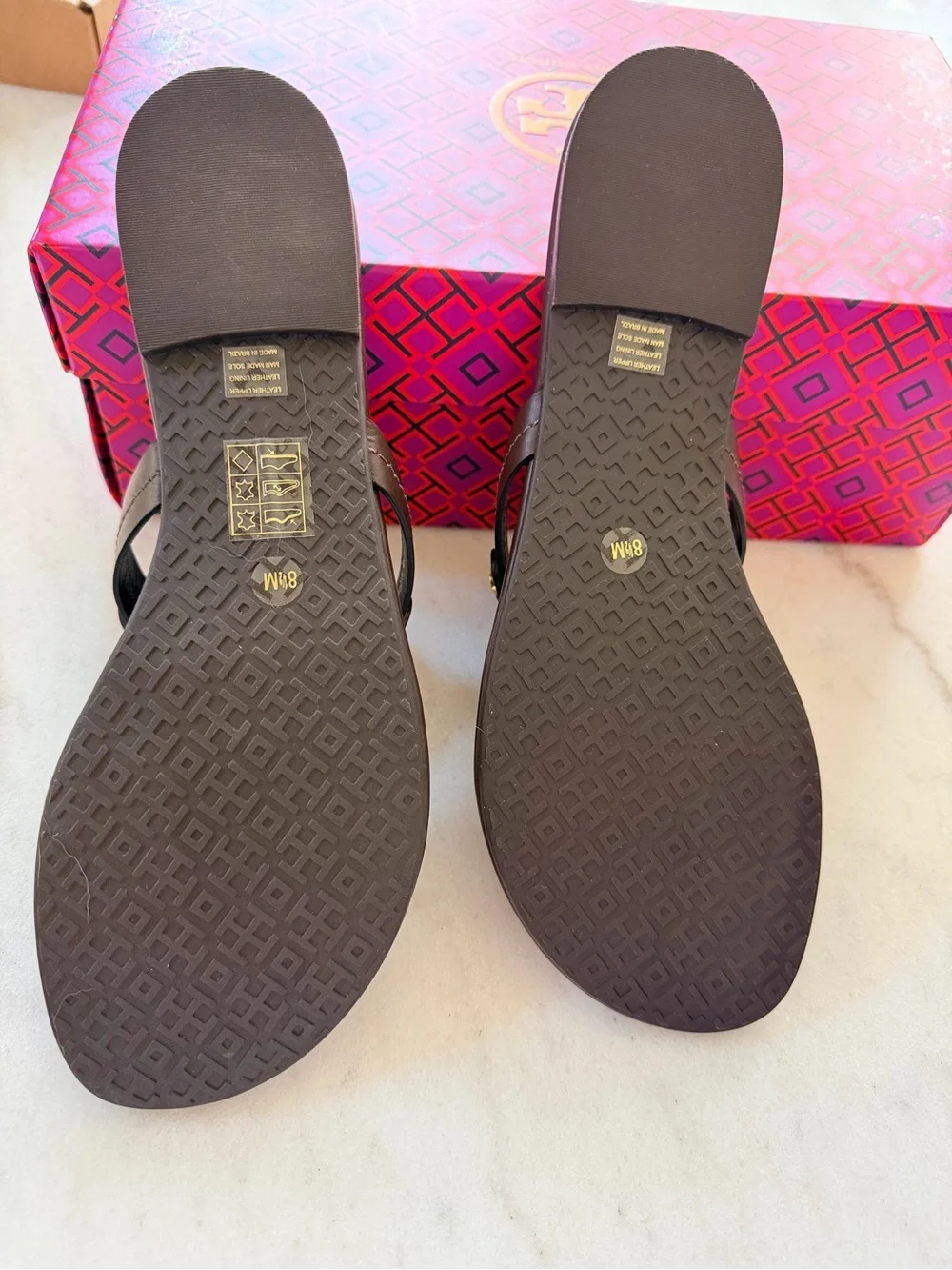 Tory Burch Dark Brown Miller Logo Leather Thong Sandals